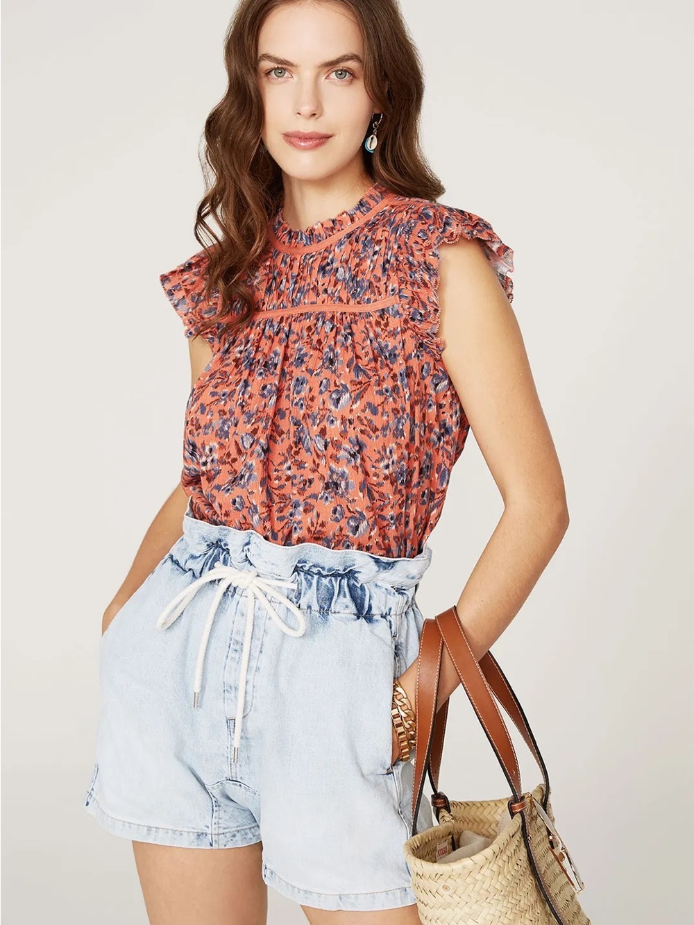 Ulla Johnson Etta Blouse Floral Ruffle Cap-Sleeve Top in Coral Small
